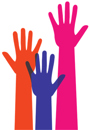 Bright orange, purple, and pinks hands raised.
